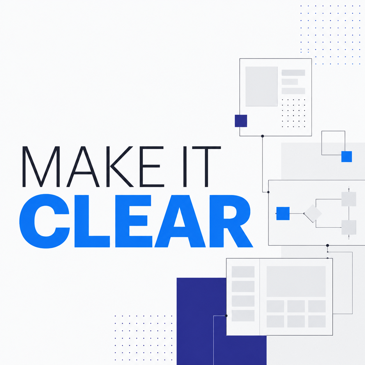 Make It Clear cover art: the show title over flowchart and document shapes in Lucid blue and indigo.